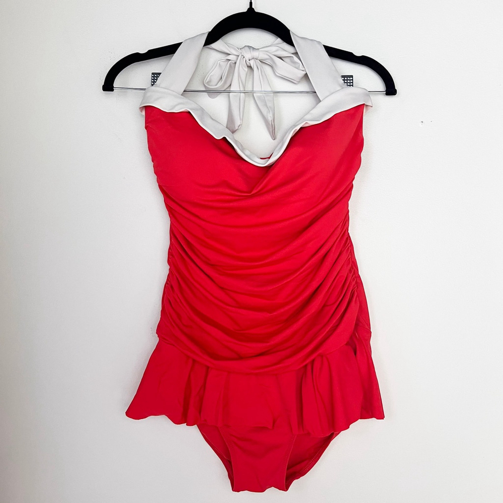 Lauren Ralph Lauren Bel Air Skirted One-Piece Swimsuit coral red retro sz 14
